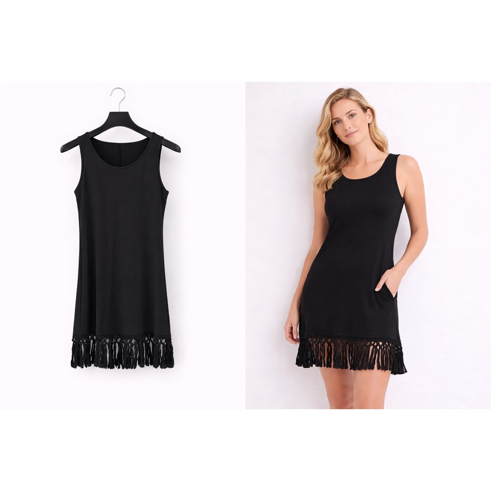 Mango Fringe Hem Shift Dress Womens Size S Black Sleeveless Macrame 20s 30s Insp